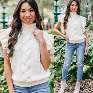 fab'rik Cream Cable Knit Turtleneck Sweater